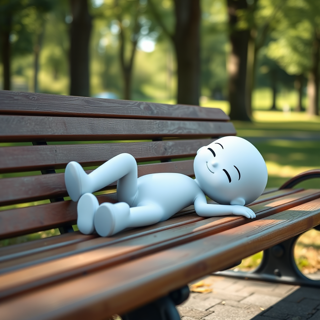 Create an image of a 3D white cartoon figure lying on a wooden park bench with a tranquil expression, using a Canon EOS 5D Mark IV, 50mm lens, aperture f/1.8 for a shallow depth of field, ISO 100 for sharpness, and a soft natural light setting to enhance the image quality.