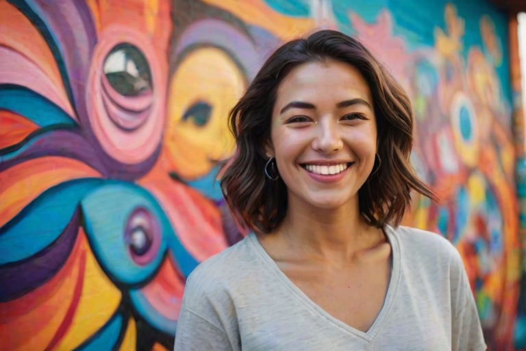 Soft-focus image of a woman with a bright smile standing in front of a colorful mural, wearing a casual outfit, with the vibrant artwork reflecting her lively spirit.
