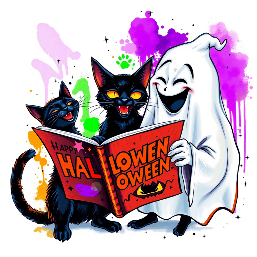 Image of a ghost and a black cat laughing exaggeratedly , and reading a comic halloween comic book, alcohol ink airbrush style, funny halloween theme, white background with neon purple, neon orange, neon green splash, black sparkles stars , dazzling BG