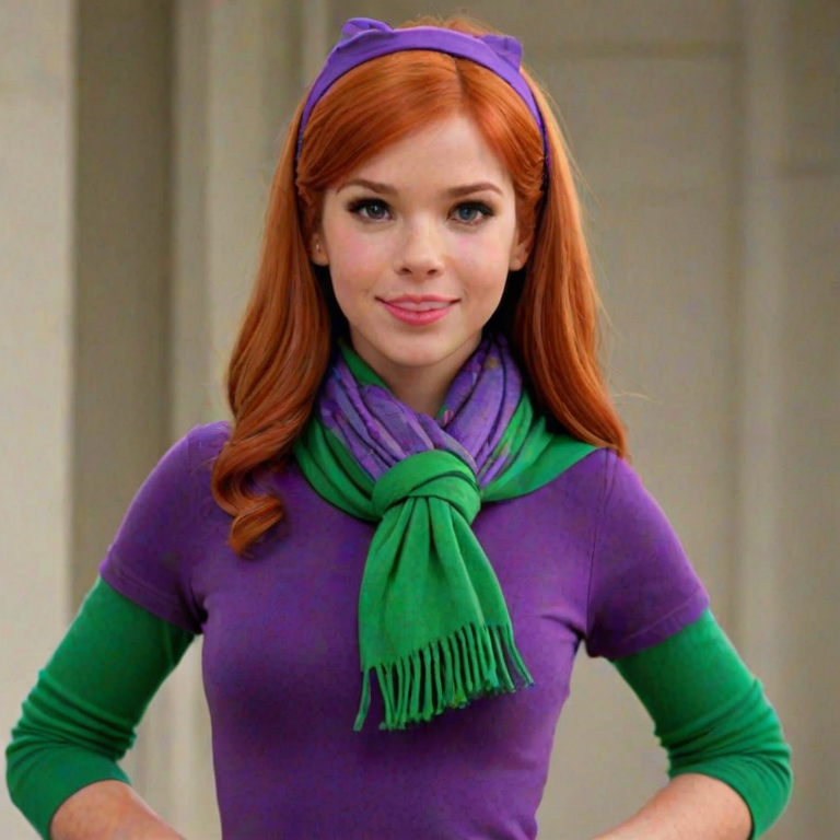 Daphne Blake,purple clothes,redhead,green scarf,purple headband,vibrant colors,very beautiful