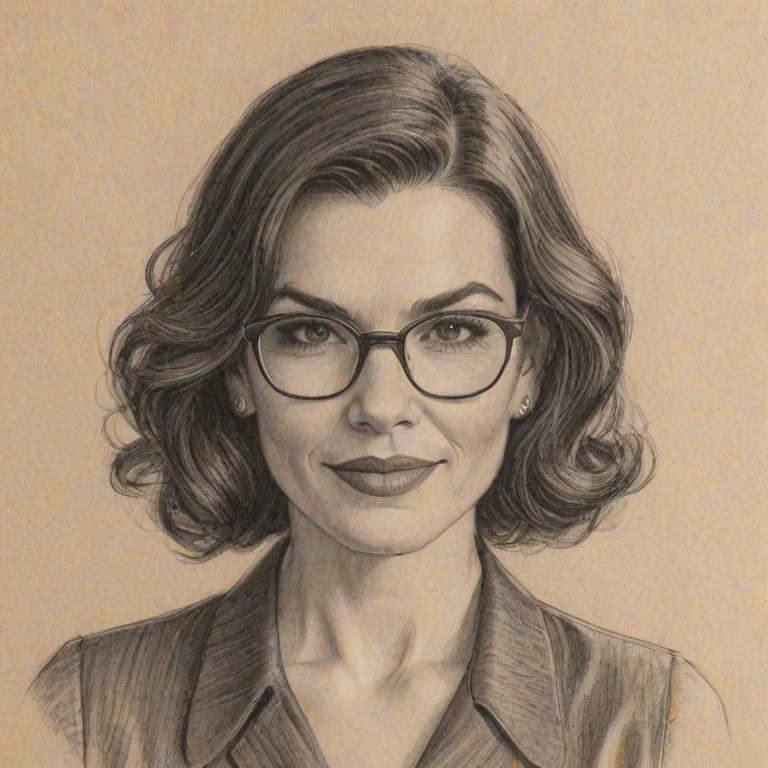 Charming Julianna Margulies, pencil sketch, portrait of Enchanting woman 1927s in glasses, hair style beatnik, outline, clear lines, fine lines, 8k
