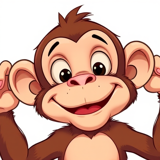 Create a highly detailed cartoon illustration of a monkey with a playful expression, using a digital drawing style, in a bright color palette, with a 24mm lens, f/4 aperture, soft lighting, and a focus on the subject to enhance clarity.