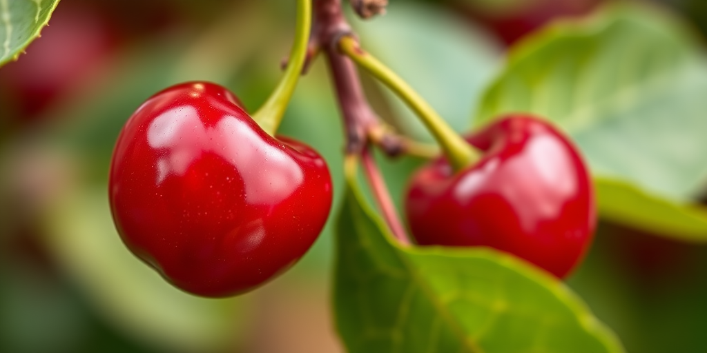 Generate a high-resolution image of two bright red cherries with green leaves, focus on vibrant colors and shiny surfaces, using a shallow depth of field, shot from a close-up angle with a DSLR camera, aperture set to f/2.8, ISO 100, and a focal length of 50mm.