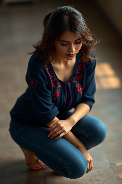 Create a highly detailed 3D rendered image of a woman kneeling, wearing a navy blue top with embroidered details and jeans, using a Canon EOS R5 camera with a 50mm lens, aperture set at f/1.8, ISO 100, and a soft focus effect for a cinematic look.