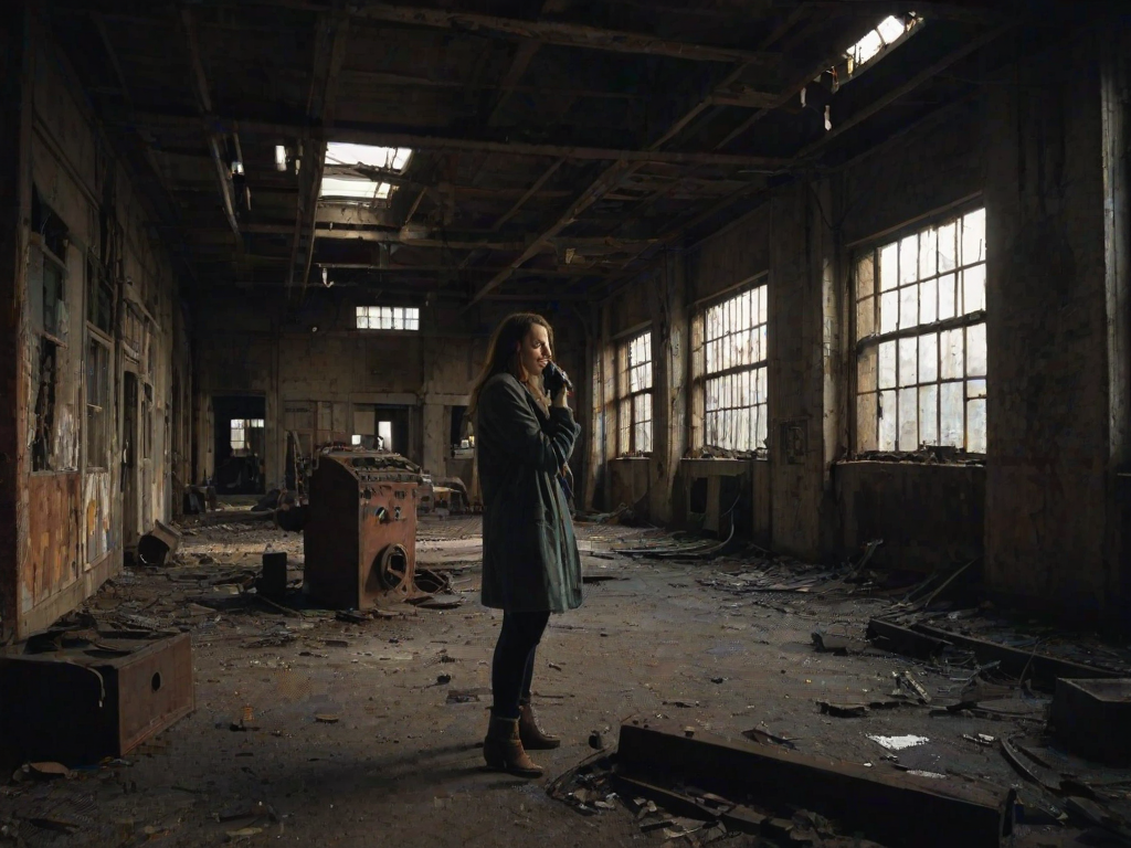 Abandoned factory, with broken windows and rusted machinery, a woman explores cautiously, her flashlight illuminating the eerie, forgotten space as she takes photos of the decaying interior.