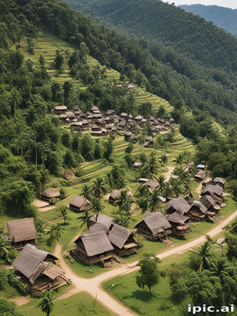 Scenic Aerial View of a Traditional Village Surrounded by Lush Greenery