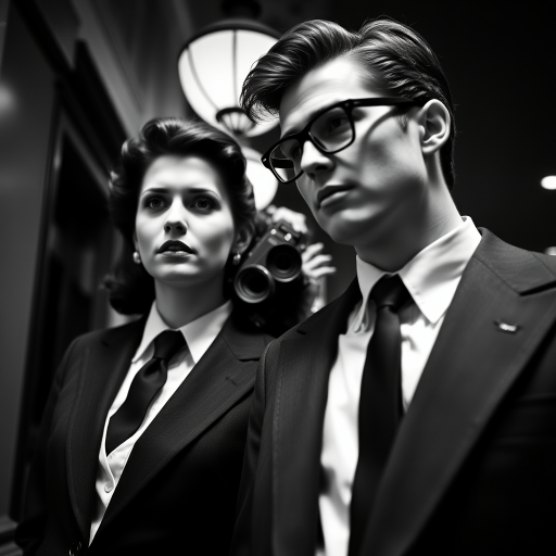 Black-and-white photograph, couple, tailored suits, retro hairstyles, film noir style, Tilt the camera for a dynamic Dutch angle using a versatile 24-70mm lens