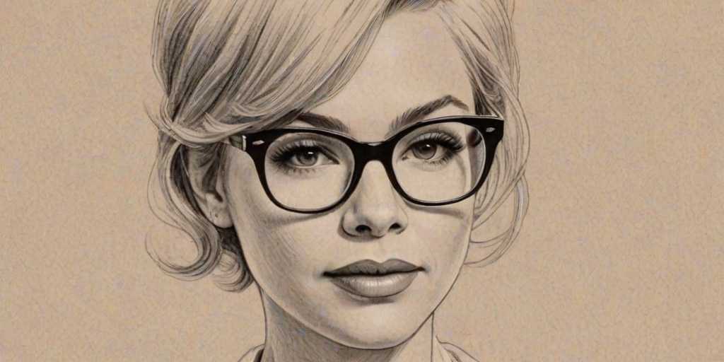 Fetching Michelle Williams, pencil sketch, portrait of Ravishing woman 1955s in glasses, hair style beatnik, outline, clear lines, fine lines, 8k