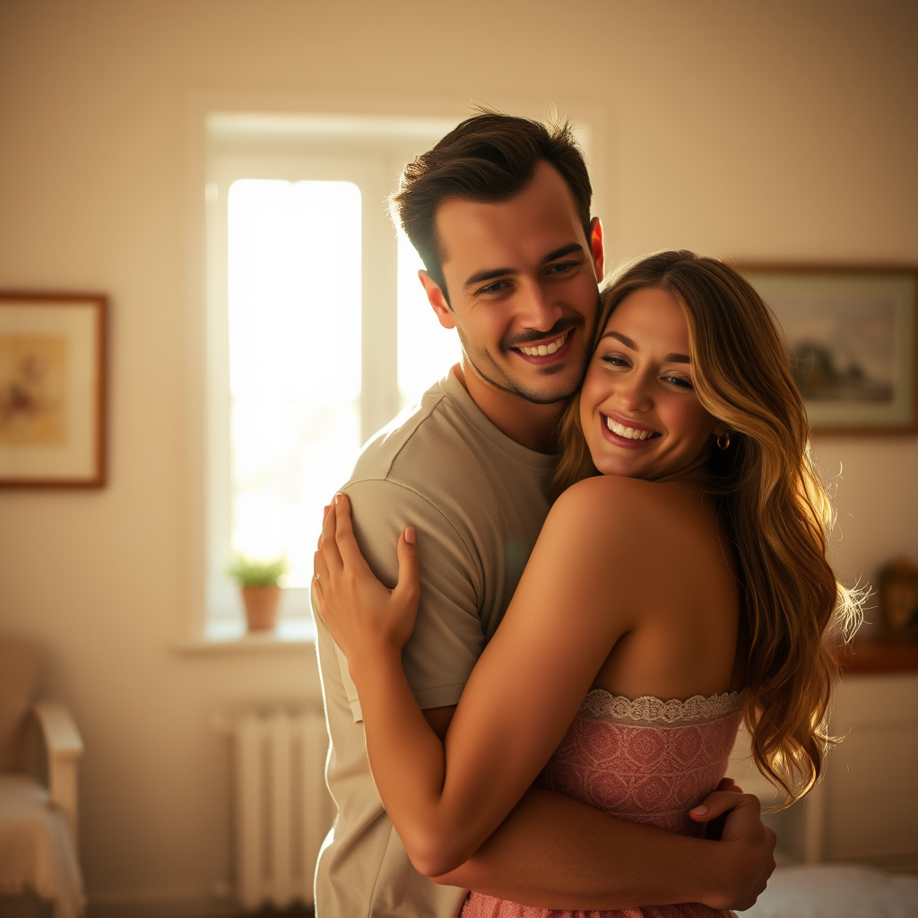 Portrait of a couple embracing intimately in a softly lit room with natural window light, Canon EOS R5, 50mm lens, f/1.8 aperture, ISO 200, shutter speed 1/100 sec, warm tones with a shallow depth of field for enhanced focus on subjects and a soft background blur.