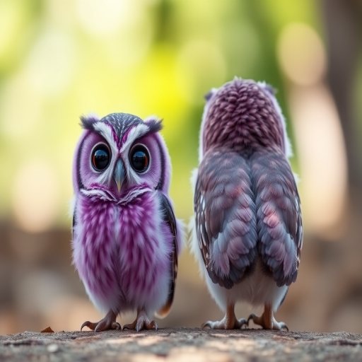 Create an image of a cute purple owl facing front and back with large eyes, soft feathers, and a slightly rounded body, using a DSLR camera with a 50mm lens, f/2.8 aperture, ISO 100, shooting from an eye-level perspective, in natural light to enhance colors and details.