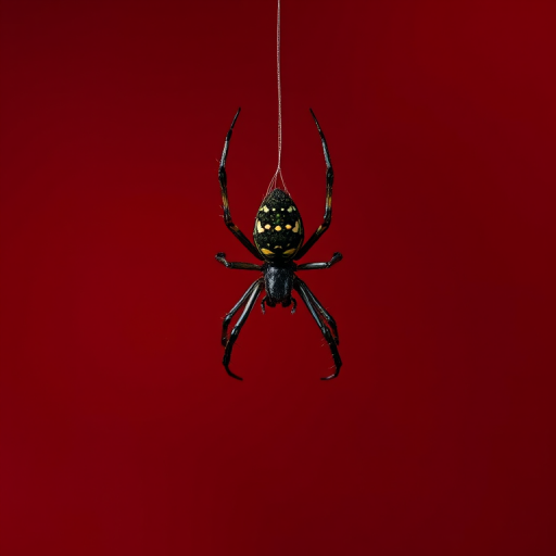 Create a high-resolution image of a black spider hanging from a thin silk thread against a rich red background, using a Canon EOS R5 with a 50mm f/1.2 lens, aperture set to f/2.8, shutter speed at 1/200s, ISO 100, captured from a straight-on angle in portrait mode.