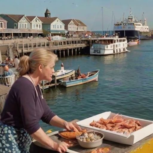 Bustling pier in a coastal town, fishing boats docked, seagulls flying overhead, a woman leans against a railing, eating fresh seafood from a paper tray while watching the harbor come alive with activity.