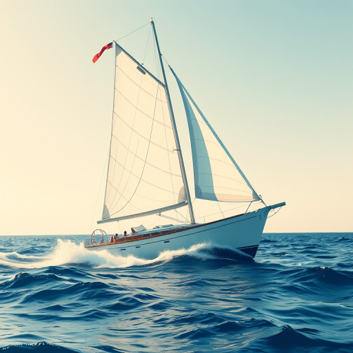 Create a high-resolution vector graphic of a sailboat with flowing lines and a dynamic feel, captured with a Canon EOS R5 in aperture priority mode at f/8, ISO 100, 24mm lens, with a wide-angle view to emphasize the movement of the sails.