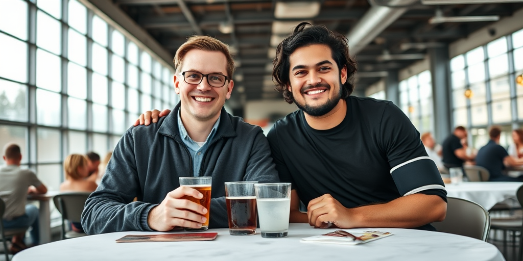 Medium shot photo of two men sitting closely together at a restaurant table, both holding drinks in a casual, friendly pose. The man on the left has light skin, short brown hair, and wears glasses with a warm smile, dressed in a dark zip-up jacket over a collared shirt. The man on the right has a medium tan skin tone, dark wavy hair, and a relaxed expression, wearing a black T-shirt with a visible arm sling. They sit side by side, leaning slightly towards each other, suggesting camaraderie, with their arms resting on the white-clothed table, which has drinks, a menu, and utensils scattered across it. The background features an expansive indoor space with high ceilings, exposed metal beams, and large windows allowing bright natural light to fill the area. The restaurant ambiance is lively, with other patrons visible in the background, creating a bustling yet comfortable atmosphere. The overall lighting is bright, diffused through the windows, giving a soft glow to the scene, emphasizing the warm, friendly interaction between the two men