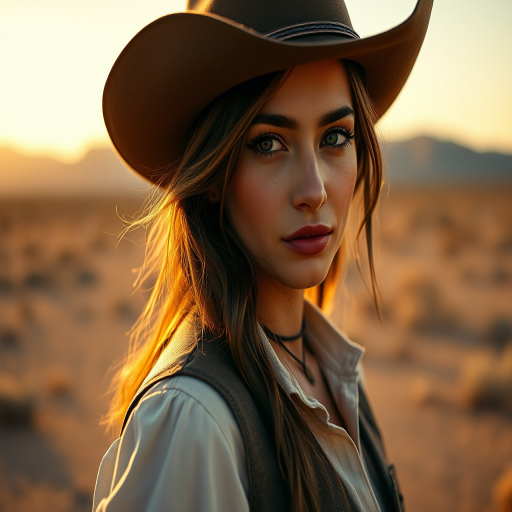 Dramatic photo of a beautiful Western American woman, classic cowboy attire, confident and free spirit expression, half-length portrait, centered, golden hour desert landscape, warm, diffused light, low angle, medium format film camera, in style of Annie Leibovitz.