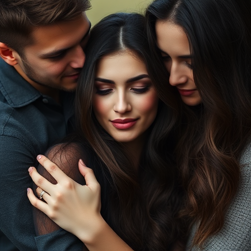 Portrait of a couple embracing a woman with dark flowing hair, soft diffused lighting, shallow depth of field, 85mm lens, f/1.4 aperture, ISO 200, captured with a full-frame DSLR, soft focus background for a dreamy effect.