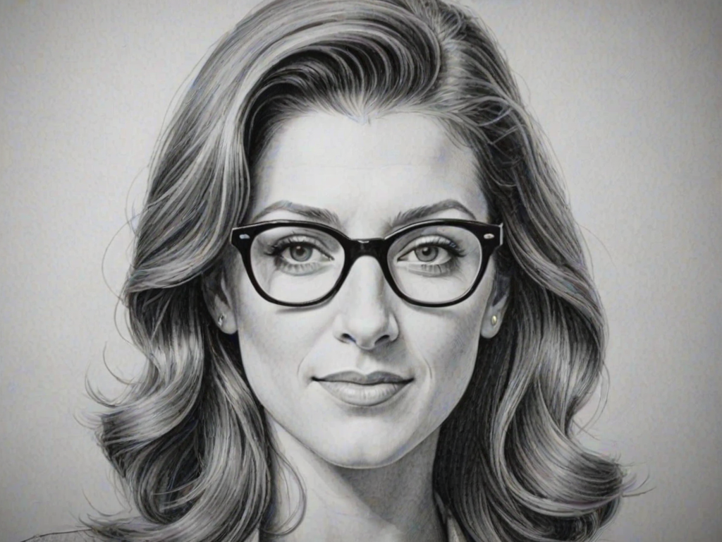 Charming Kate Walsh, pencil sketch, portrait of Attractive woman 1948s in glasses, hair style beatnik, outline, clear lines, fine lines, 8k