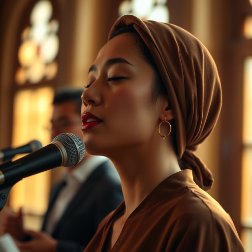 A close-up portrait of a asian woman with her eyes closed, singing into a microphone, positioned on the right side of the frame, facing the viewer. She is wearing a brown headscarf, gold earrings, and a brown blouse, and is bathed in warm, golden light emanating from the windows behind her. A blurred figure of a man singing into a microphone is visible in the background. The scene has a sense of calm and spirituality.