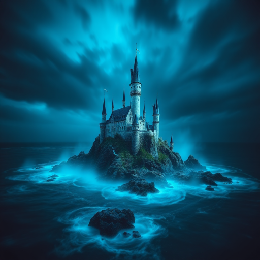 Generate a high-resolution fantasy landscape featuring a mystical castle on a rocky island in a dark ocean, illuminated by an ethereal blue aura, using a DSLR camera at 24mm, f/8, ISO 200, 1/250 sec, with a long exposure for vibrant colors and enhanced detail.