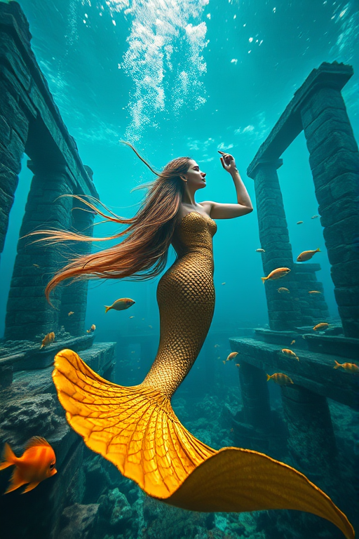 Create an ethereal underwater scene featuring a mermaid with long flowing hair, wearing a shimmering golden scale dress, surrounded by ancient ruins and colorful fish, shot with a Canon EOS R5 at f/2.8, ISO 100, 1/125s, using a wide-angle lens from a low angle to capture depth and vibrancy, enhancing image quality through soft natural lighting and rich colors.