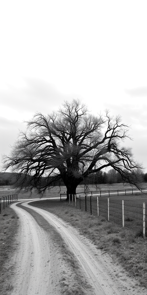 a black and white photograph of a large tree at the edge of a dirt path with a fence alongside it, surrounded by a barren landscape and cloudy sky