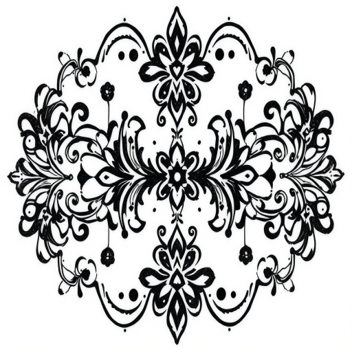 Ornamental blackwork tattoo titled "Lace Elegance" featuring intricate patterns inspired by delicate lace designs with symmetrical arrangements of swirls dots and geometric shapes creating a visually stunning and feminine aesthetic