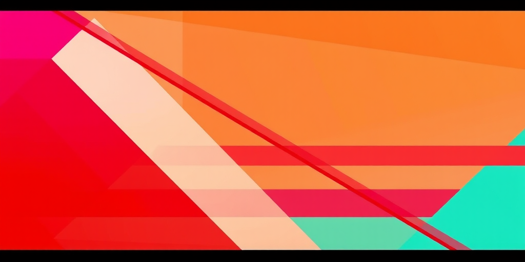 Create a vibrant abstract image featuring geometric shapes and dynamic lines in shades of pink, orange, and teal, captured with a DSLR camera at f/8 aperture, ISO 200, 24mm lens, in a high-contrast, vivid style with a wide-angle view for depth and clarity.