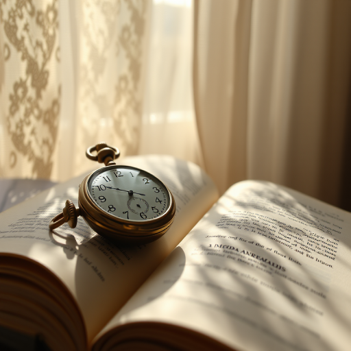Close-up of a vintage pocket watch resting on an open book, soft sunlight filtering through the window, with delicate shadows from lace curtains softly dancing on the pages.