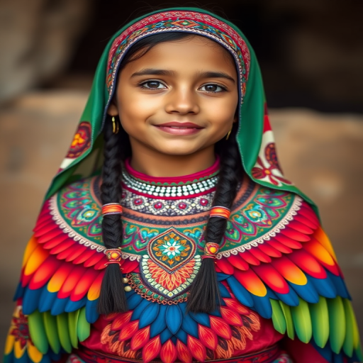 A beautiful Coptic girl, wearing colorful bird clothing with vibrant colors