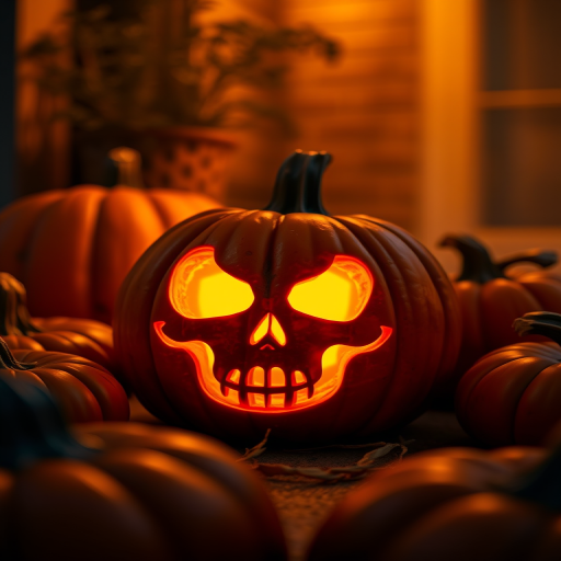 A glowing carved pumpkin with a skull face surrounded by other pumpkins at night, warm porch light illuminating the scene, shallow depth of field, f/2.8 aperture, ISO 100, 50mm lens, DSLR camera, soft focus effect, golden hour lighting.