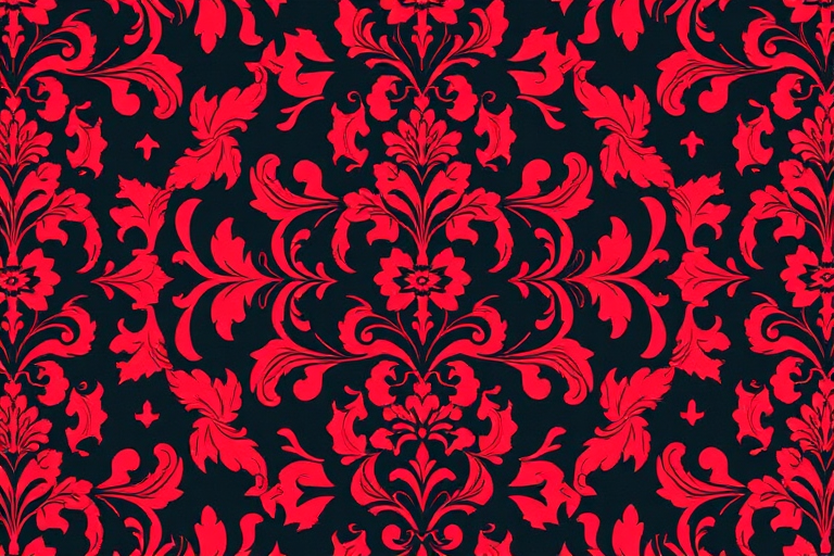 Create a high-resolution image of an ornate damask pattern with rich red and black colors, capturing intricate floral designs with a symmetrical layout, using a DSLR camera, f/8 aperture, 50mm lens, and natural lighting for enhanced detail and depth.