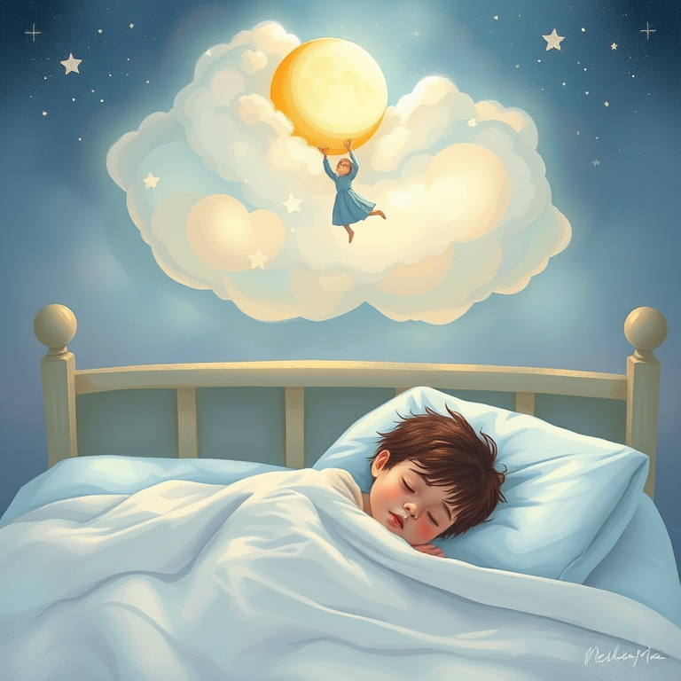 Create a whimsical illustration of a child sleeping in bed with a dreamy cloud above featuring a figure hanging from a moon, use a soft color palette, apply a digital painting style, shot from a slight bird's eye view, with high-resolution settings, focus on a light and dreamy atmosphere.