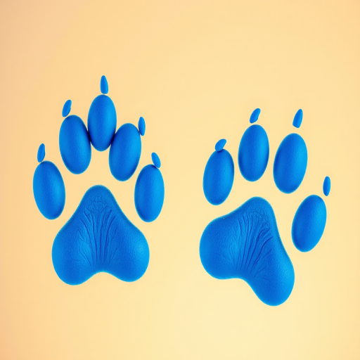 Create a high-resolution image of two blue paw prints on a transparent background, camera settings set to f/2.8, ISO 100, shutter speed 1/250 sec, taken from a top-down view with a macro lens on a DSLR camera, ensuring vibrant colors and sharp details.