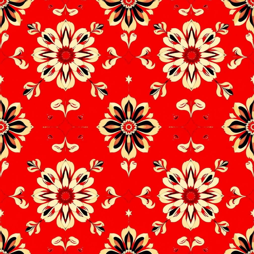 Create a seamless pattern with intricate floral motifs in red, black, and cream on a rich red background, using a macro lens to capture sharp details, set at f/8 for depth of field, ISO 100 for clarity, taken with a DSLR camera from a straight-on perspective.
