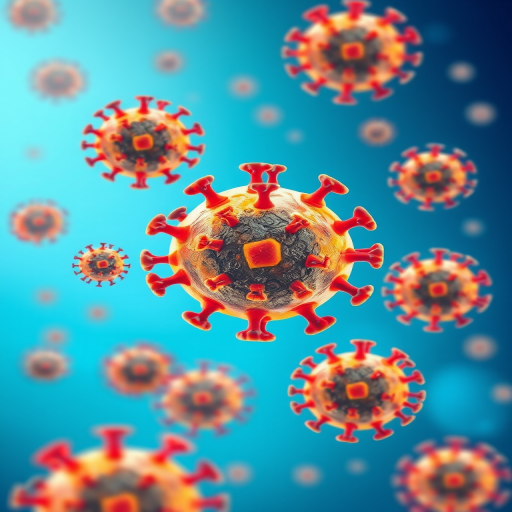 Create a vibrant and detailed illustration of virus particles in various sizes, featuring a gradient background of light blue to deep blue, using a macro lens with a shallow depth of field, f-stop at 2.8, ISO 100, and a resolution of 300 DPI for high quality.