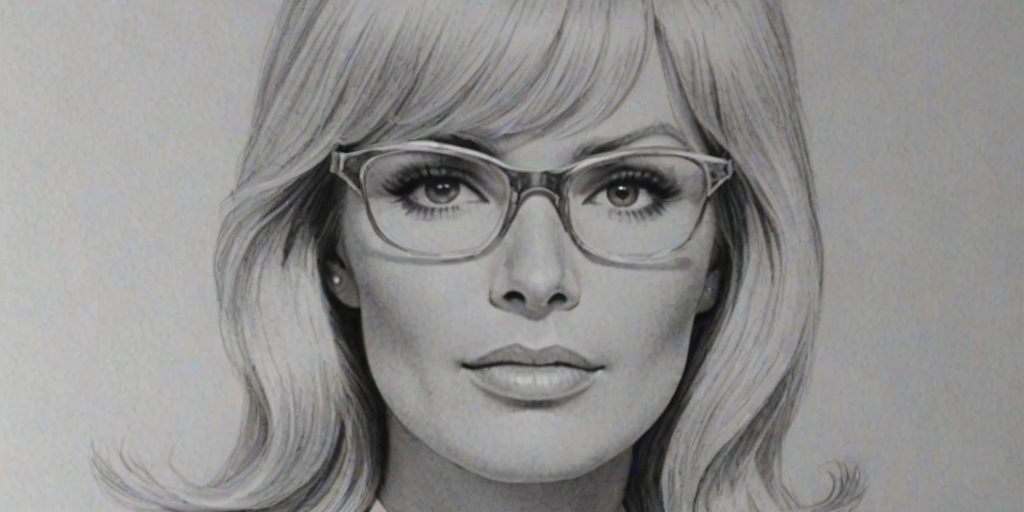 Attractive Linda Evans, pencil sketch, portrait of Attractive woman 1966s in glasses, hair style beatnik, outline, clear lines, fine lines, 8k