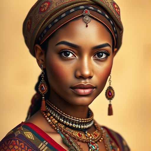 Create a portrait of a beautiful taino woman with striking black eyes and a gentle expression. She is adorned in traditional attire with intricate patterns, including a richly embroidered headscarf and matching garments. Her jewelry includes a delicate headpiece, dangling earrings, and ornate bracelets, all featuring vibrant gemstones and detailed metalwork. The background is soft and warm, enhancing the rich colors of her outfit and jewelry.