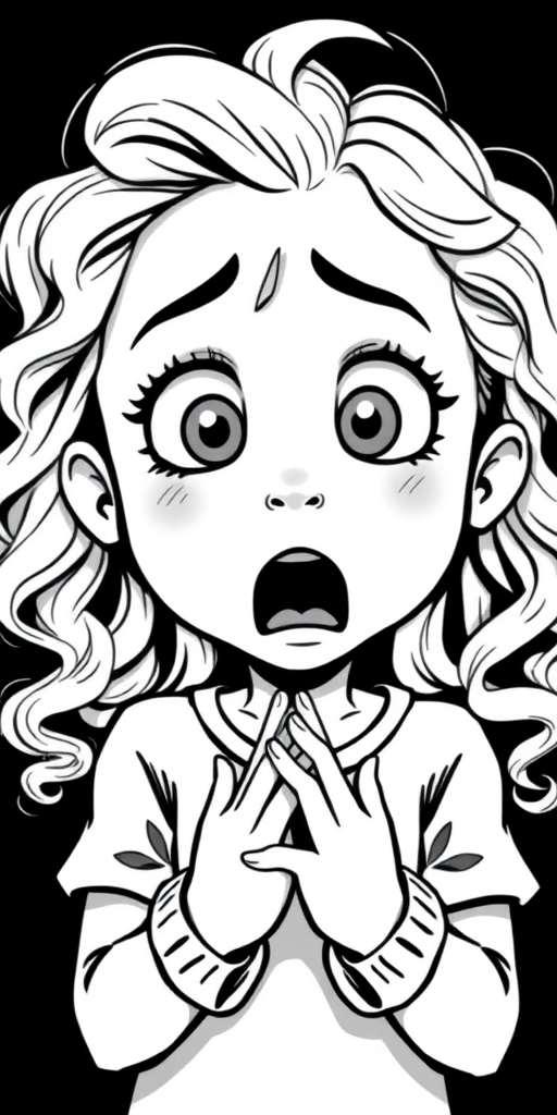 The image is a black and white illustration of a young girl with curly hair. She has a surprised expression on her face with her mouth open and her hands clasped together in front of her chest. Her eyes are wide and her eyebrows are furrowed. Her hair is styled in loose curls that are cascading down her back. The overall mood of the image is one of shock or surprise.