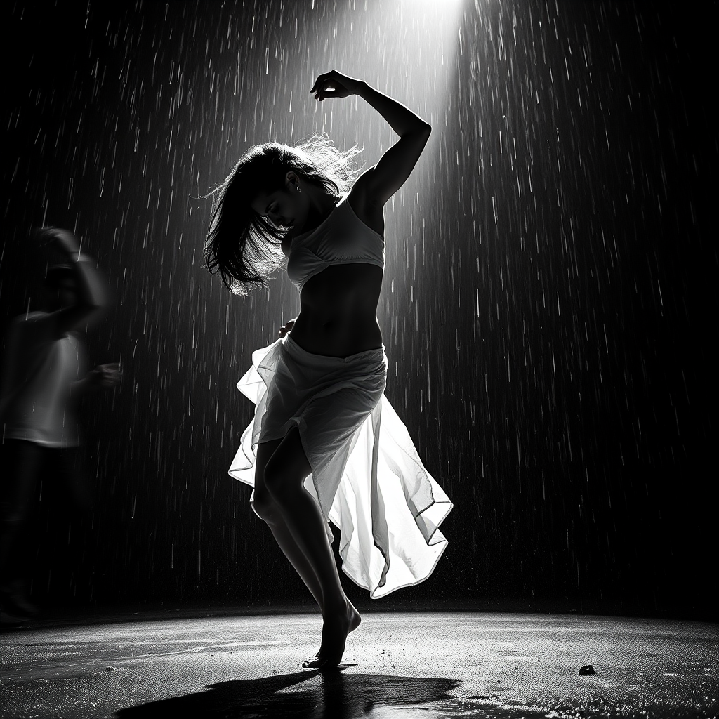 Create a high-contrast black and white image of a muscular female figure dancing in the rain with dramatic lighting, using a DSLR camera set to f/1.8, ISO 100, shutter speed 1/200s, 50mm lens, shot from a low angle to emphasize strength and movement.