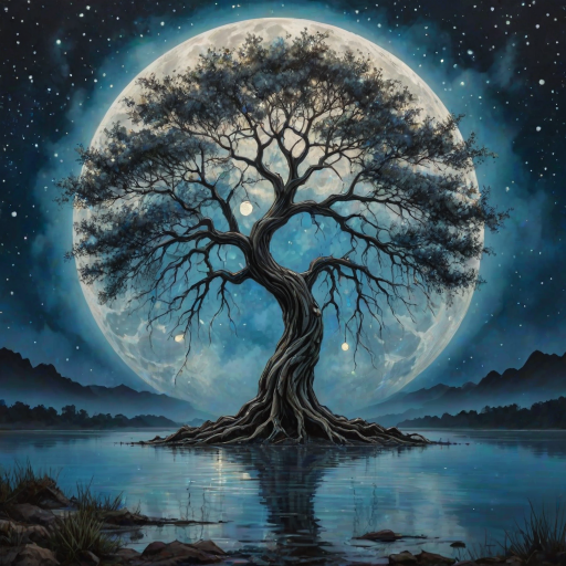 painting of a tree with a full moon in the background and water dripping from its branches, fantasy art, alcohol ink, 3D, 4K, HDRi