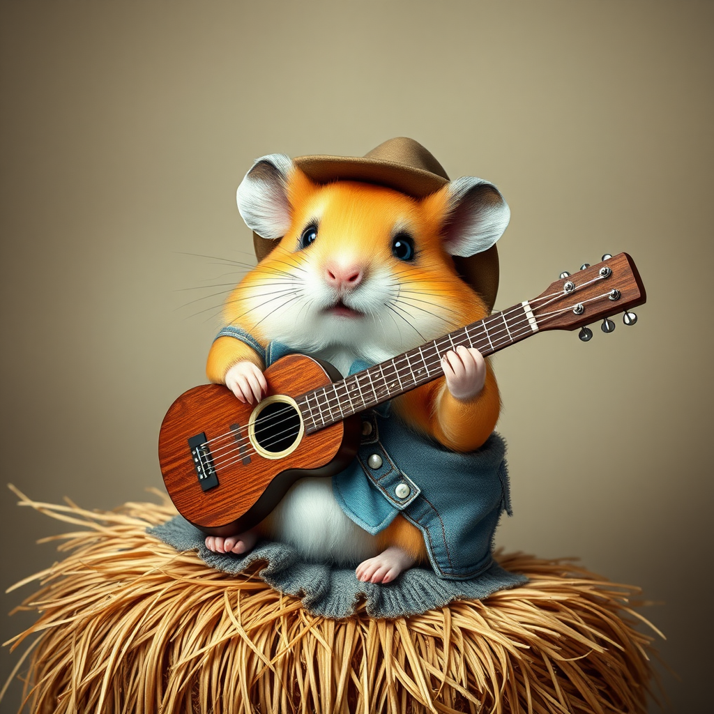A chibi hamster, dressed as a cowboy, playing guitar, sitting on a hay bale