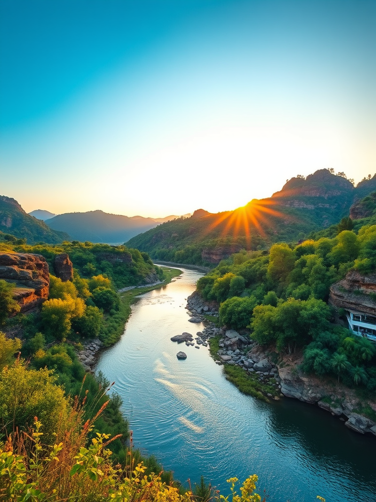 Capture a vibrant landscape of a lush riverbank surrounded by greenery and rocky hills during golden hour, using a DSLR camera at f/8, ISO 200, 1/125 sec, with a wide-angle lens and a polarizing filter for enhanced colors and clarity, shot from a high angle to emphasize the water reflections and depth.