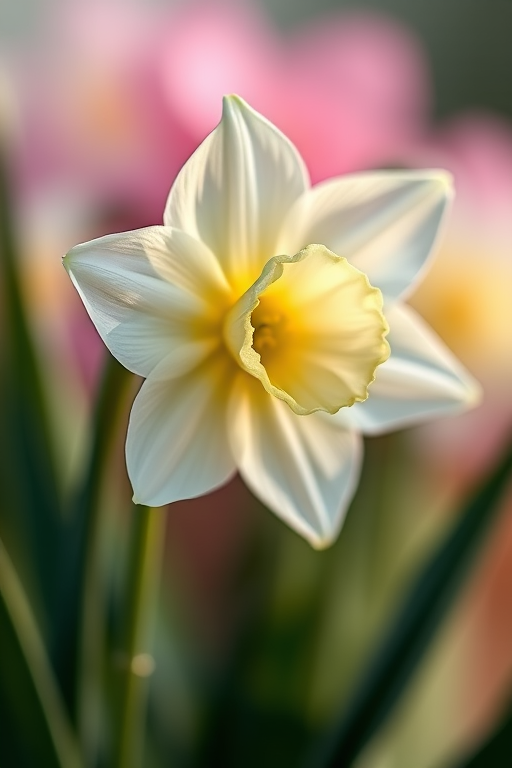 Create an image of a delicate white daffodil with soft pink hues in the background, captured with a DSLR camera at f/2.8 aperture, 50mm lens, ISO 100, in macro view, using a shallow depth of field for enhanced detail and a painterly effect.
