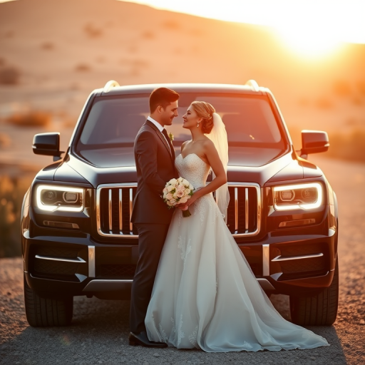 Capture an intimate moment between a bride and groom in front of a luxury SUV during golden hour, shot with a Canon EOS R5, 50mm lens, aperture f/1.8, ISO 100, shutter speed 1/200s, with a shallow depth of field for a bokeh background effect.