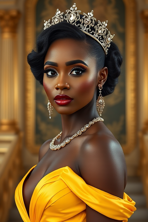 A gorgeous Zambo woman in a luxurious Yellow gown, accessorized with a dazzling tiara and statement earrings, her deep black eyes highlighted by impeccable makeup, poised in a royal setting, photorealistic, 8K quality