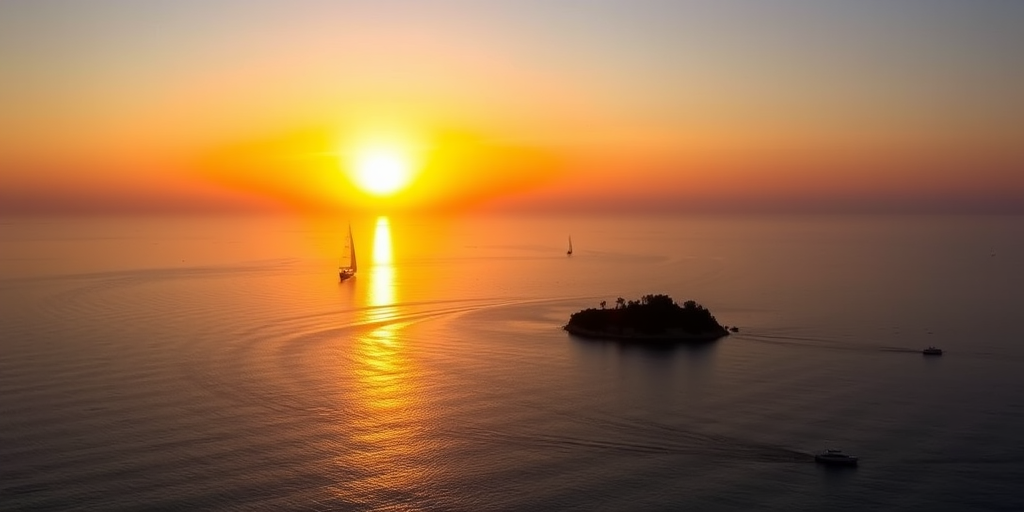 Regenerate a serene sunset scene over a calm sea with sailboats near a small island, using a wide-angle lens, f/11 aperture, ISO 100, 1/60 second shutter speed, and golden hour lighting for enhanced color vibrancy, taken with a DSLR camera from the shoreline perspective.