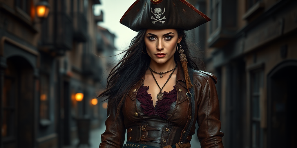 Create a portrait of a fierce female pirate. She wears a leather tricorn hat adorned with a skull and crossbones emblem, and her long, dark hair flows around her face. Her outfit consists of a richly detailed leather jacket, a corset, and multiple layers of belts and accessories, giving her a formidable and stylish appearance. She stands confidently in a dimly lit, historic port town, with a backdrop of weathered buildings and cobblestone streets, capturing the adventurous spirit of a pirate.