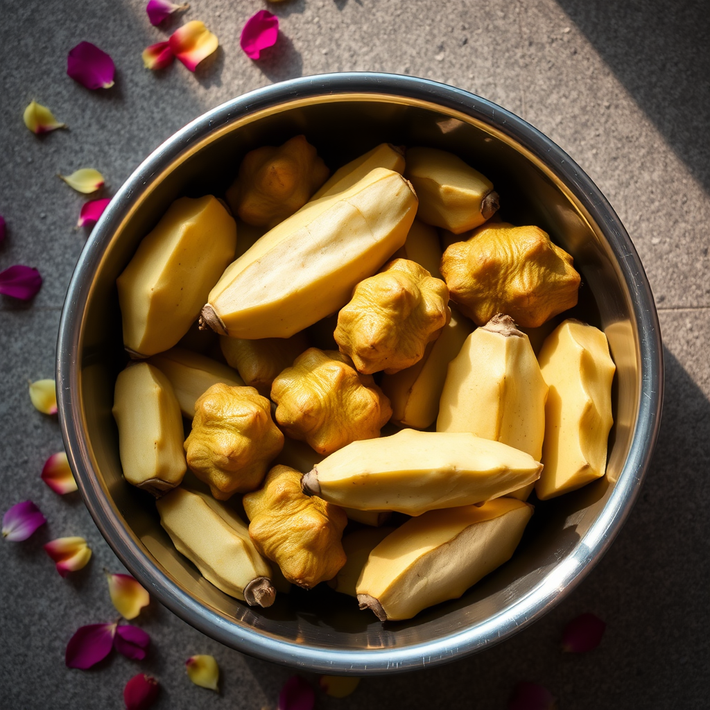 a stainless steel bowl filled with fresh jackfruit pods on a textured surface with flower petals scattered around, taken with a DSLR camera, 50mm lens, f/2.8 aperture, 1/60 sec shutter speed, natural lighting from the side to enhance colors and details