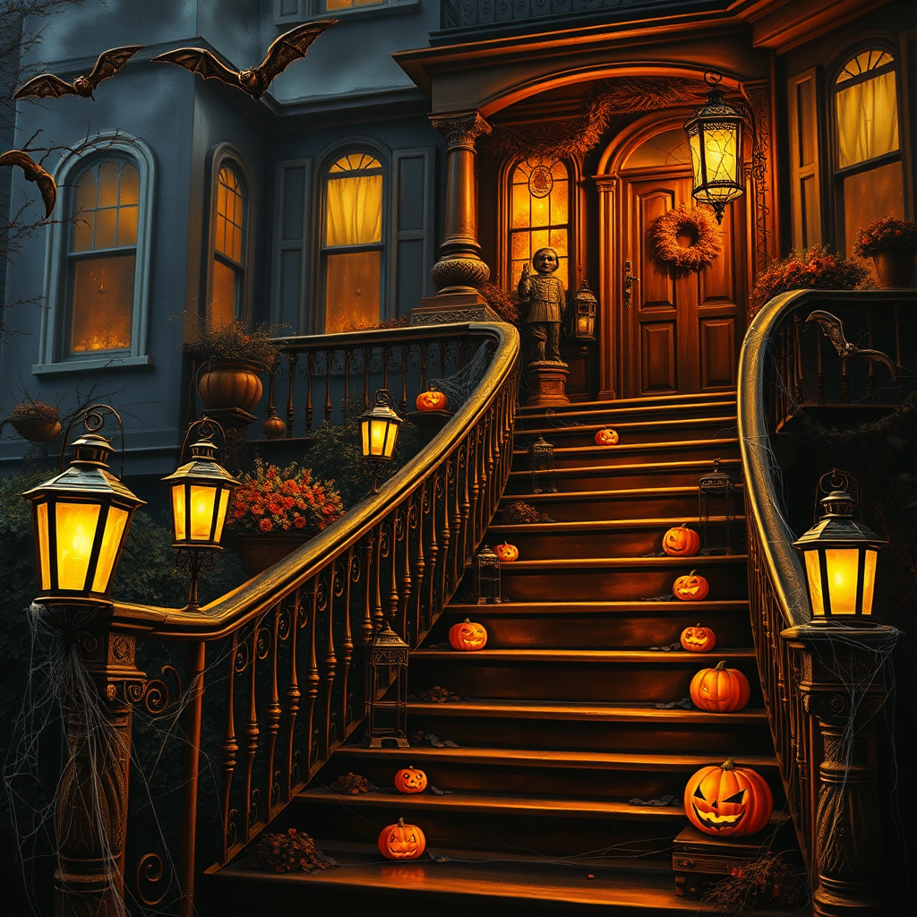 airbrushed oil painting, halloween theme, a haunted house, stairs, highly decorated, illuminated, lanterns, jack o'lantern, bats, webcobs