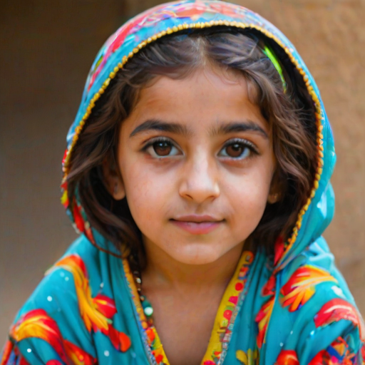 A beautiful Middle Eastern girl, wearing colorful bird clothing with vibrant colors